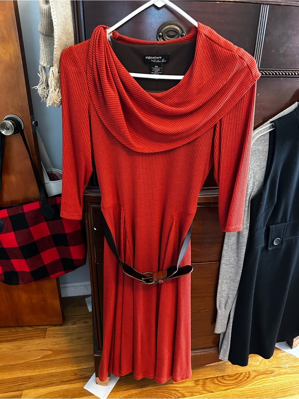 Robbie Bee Rust-Red Ribbed Cowl Neck Midi Dress